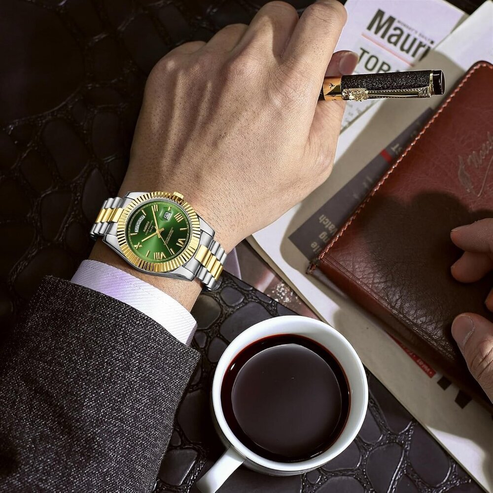 Men's Gold Silver Green   Stain Steel Analog Classic Design Stylish Wrist  Watch - Picture 5 of 6